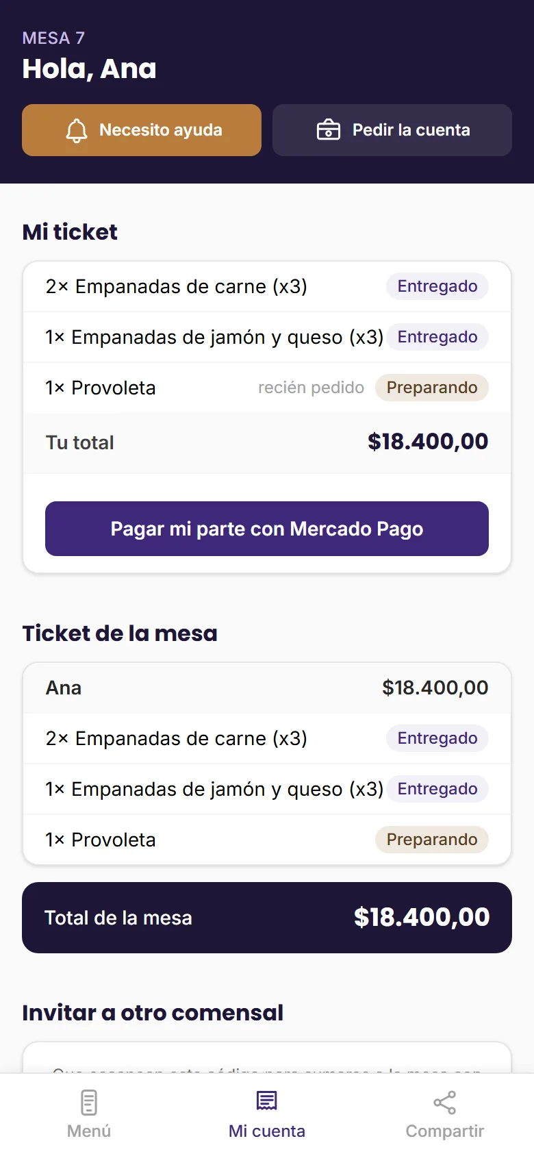 Pantalla de cuenta para el comensal, vista desde el celular