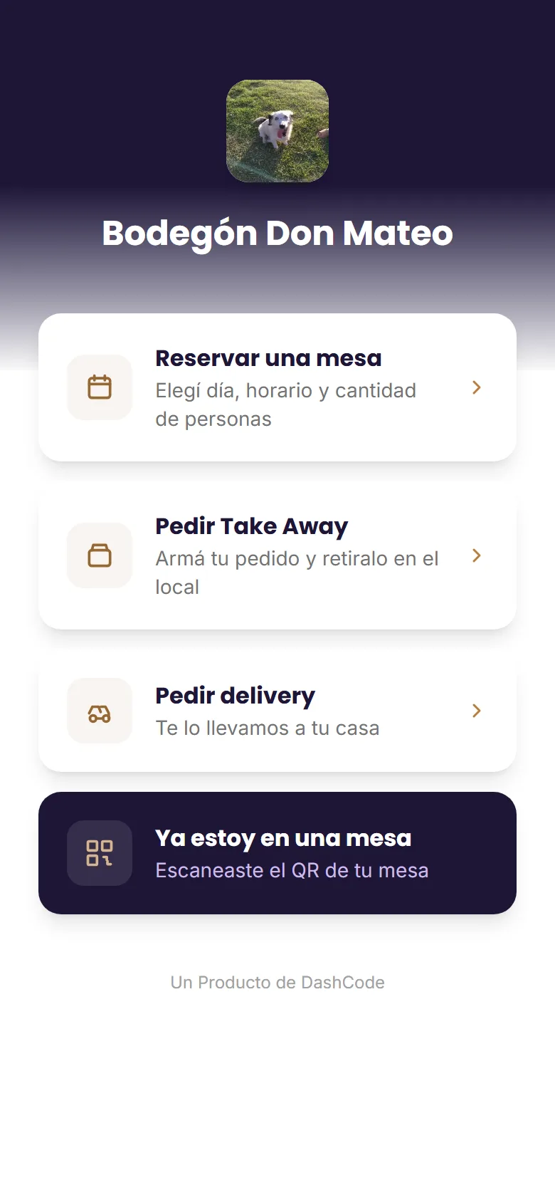 Pantalla de inicio para el comensal, vista desde el celular
