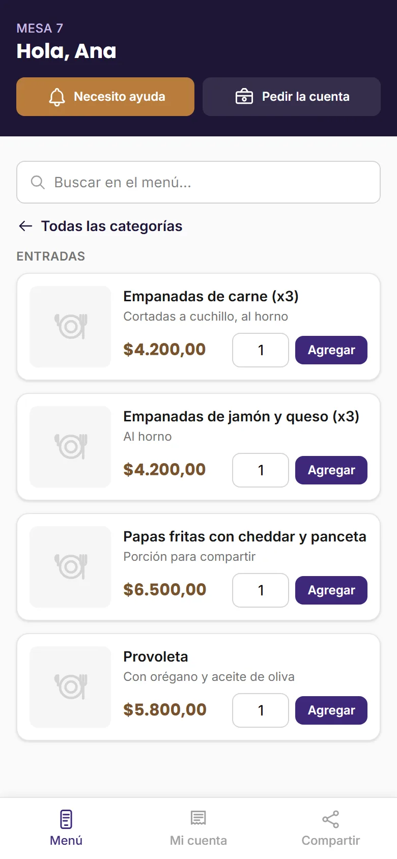 Pantalla de menú para el comensal, vista desde el celular